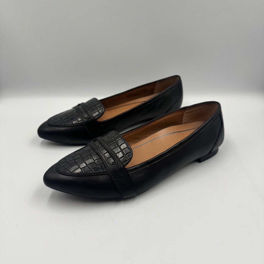 Vionic Savannah Black Leather Croc Embossed Pointed Toe Flat Loafers Womens 8.5